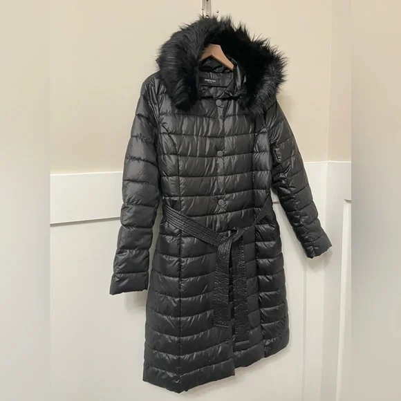 Kenneth Cole Black Women Puffer Faux Fur Hood Winter Coat Size Large